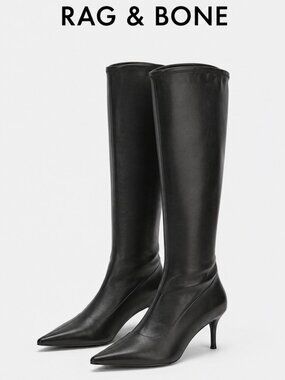 Rag & Bone Mercer Leather Knee High Boots Black Pointed Toe Kitten Heel EU 37